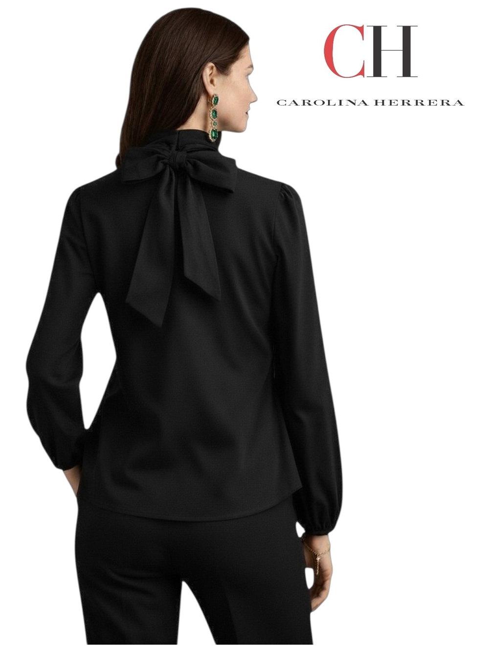 CH Carolina Herrera Black Cotton Mock Neck Tie Back Puff Sleeve Blouse M